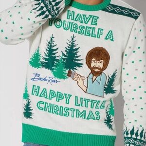 Spencer's Bob Ross Light Up Christmas Sweater - Green and White
